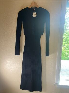 Free People Black Ribbed Long-Sleeve Midi Dress with Cropped Cardigan